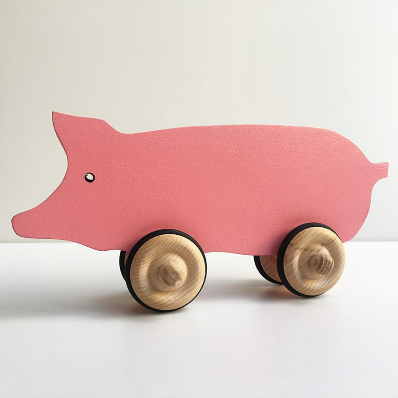 Hubert le cochon rose à roulettes - Jouet en bois - Photo 1 Hubert le cochon rose à roulettes - Jouet en bois - Photo 1