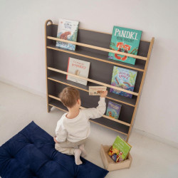 Bibliothèque murale étroite Montessori en bois – Grise