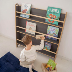 Bibliothèque murale étroite Montessori en bois – Grise