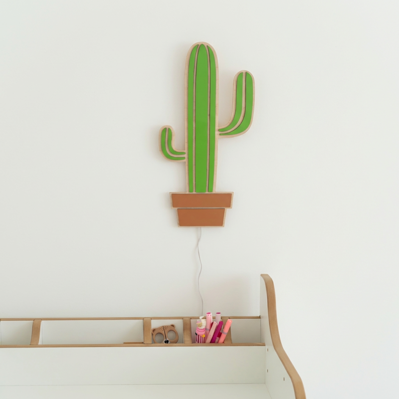 Veilleuse cactus enfant en bois - Lampe de chevet Montessori
