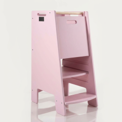 Tour d'apprentissage Montessori en bois rose - Aide cuisine sécurisée