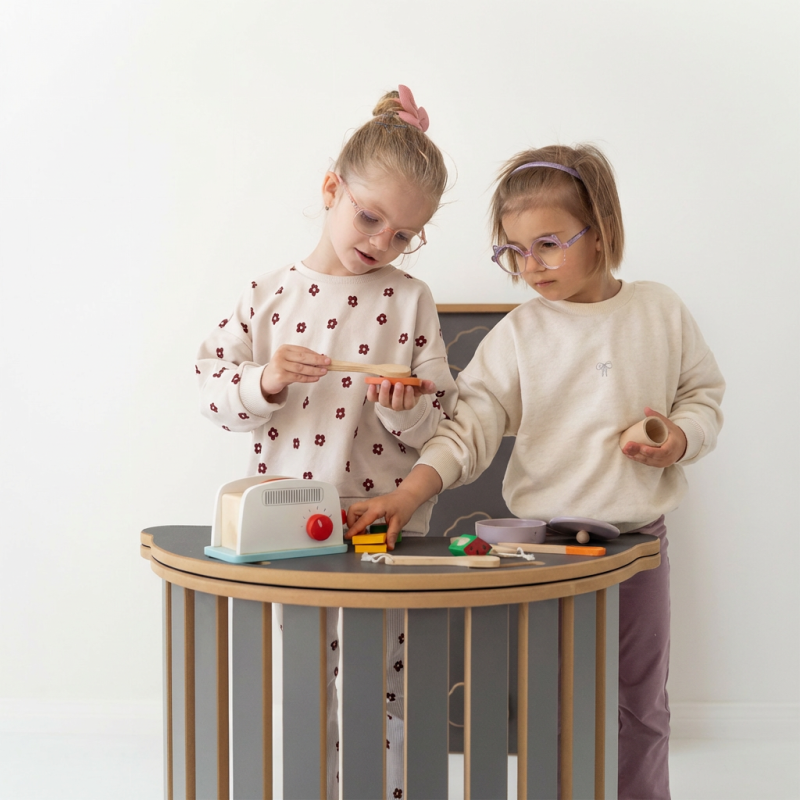 Balançoire Montessori 3-en-1 en bois avec toboggan nuages et plateau - Gris