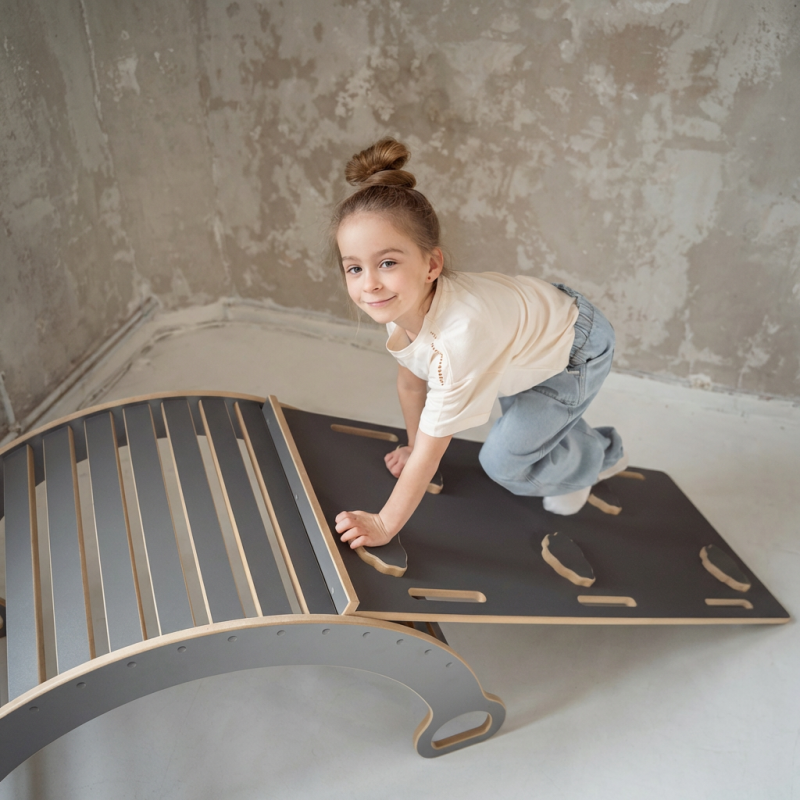 Balançoire Montessori en bois avec toboggan Chmurki - Gris XXL