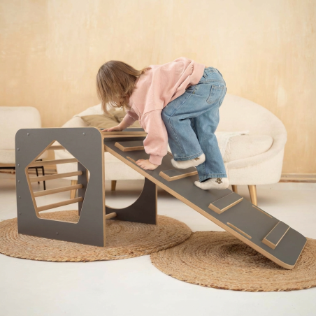 Cube Montessori multifonctionnel en bois avec toboggan - Gris
