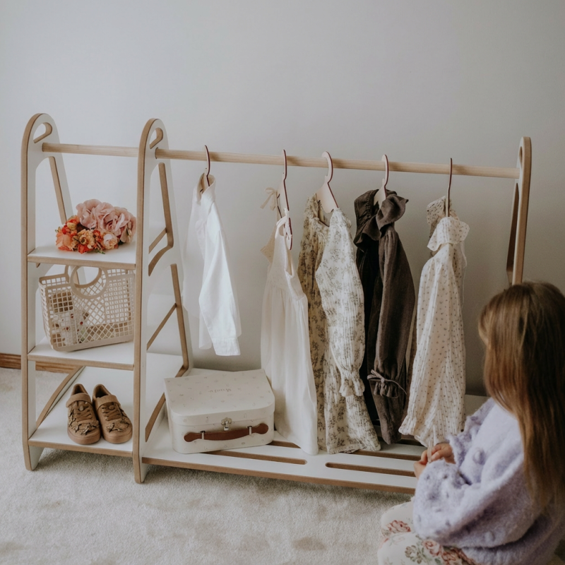 Penderie armoire Montessori en bois avec 5 cintres enfant
