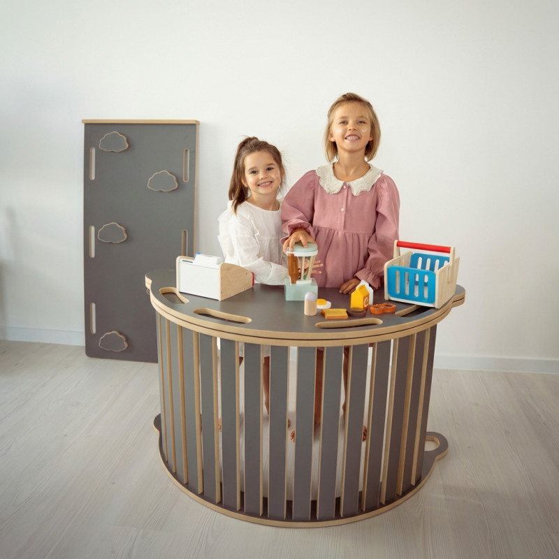 Balançoire Montessori en bois avec toboggan XXL - Gris nuages