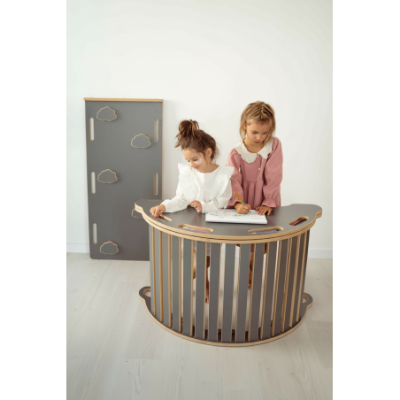 Balançoire Montessori en bois avec toboggan et plateau - Gris XXL