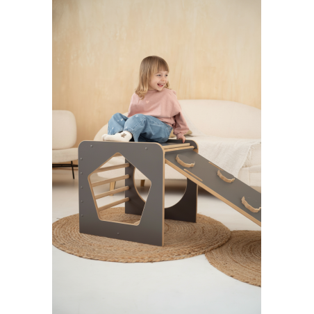 Cube d'activité Montessori en bois avec toboggan - Gris