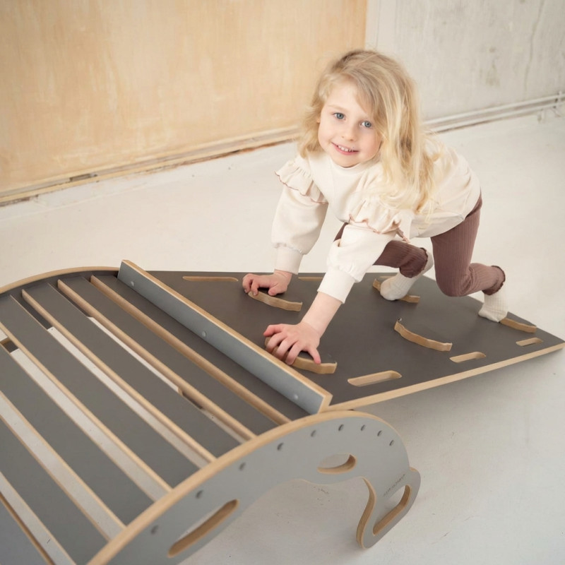 Balançoire Montessori en bois avec toboggan XXL - Gris