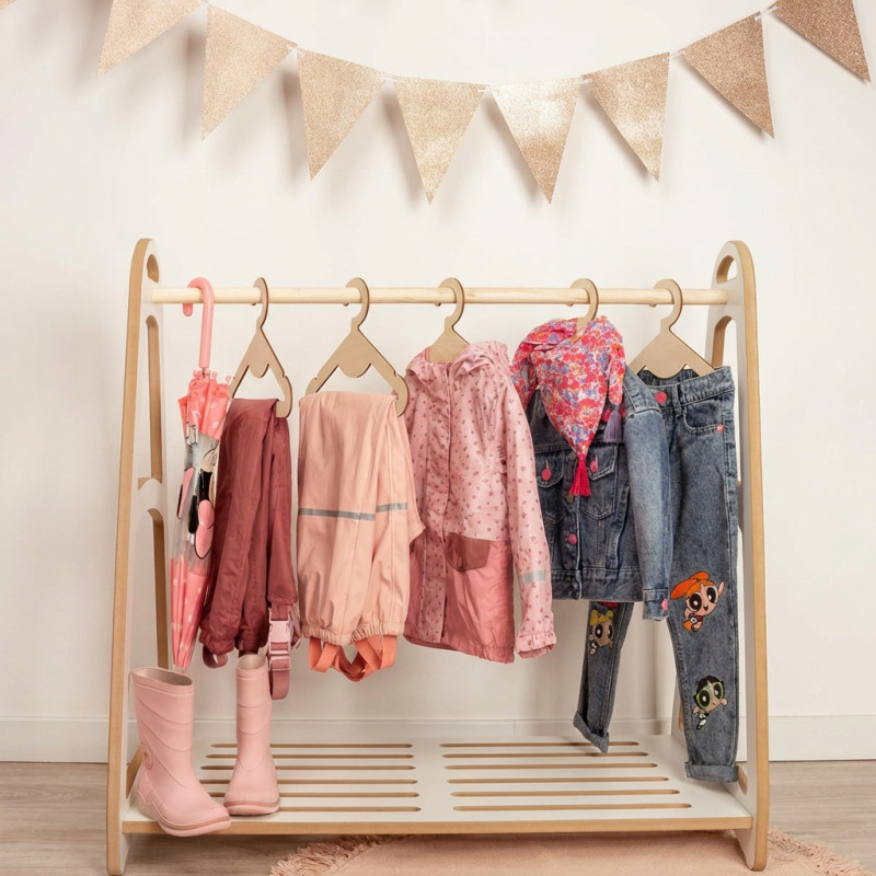 Penderie Montessori enfant en bois avec 5 cintres intégrés