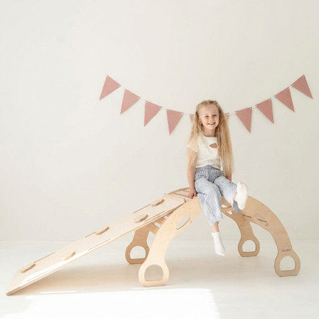Balançoire Montessori en bois XXL avec toboggan Nuages - Naturel