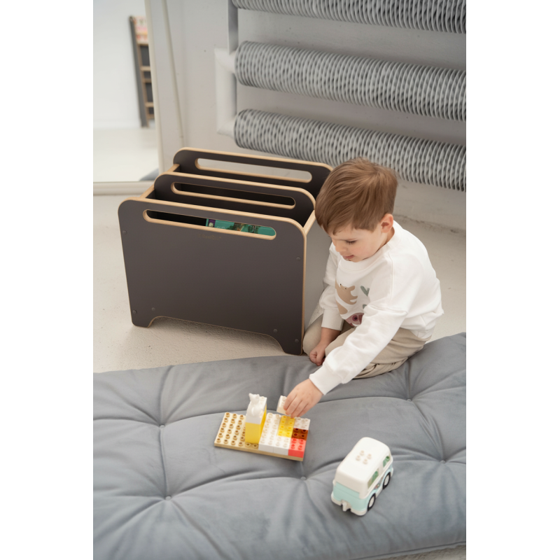 Coffre de rangement Montessori en bois pour livres - Gris
