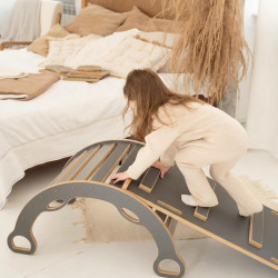 Balançoire Montessori 3-en-1 en bois avec toboggan - Grise