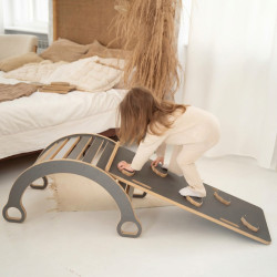 Balançoire Montessori L en bois + toboggan nuages - Grise