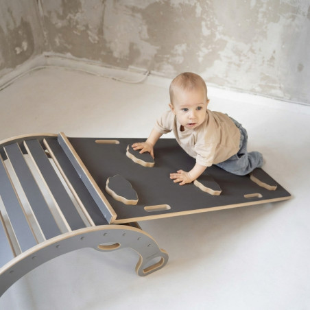 Balançoire Montessori en bois avec toboggan - Grise, taille L