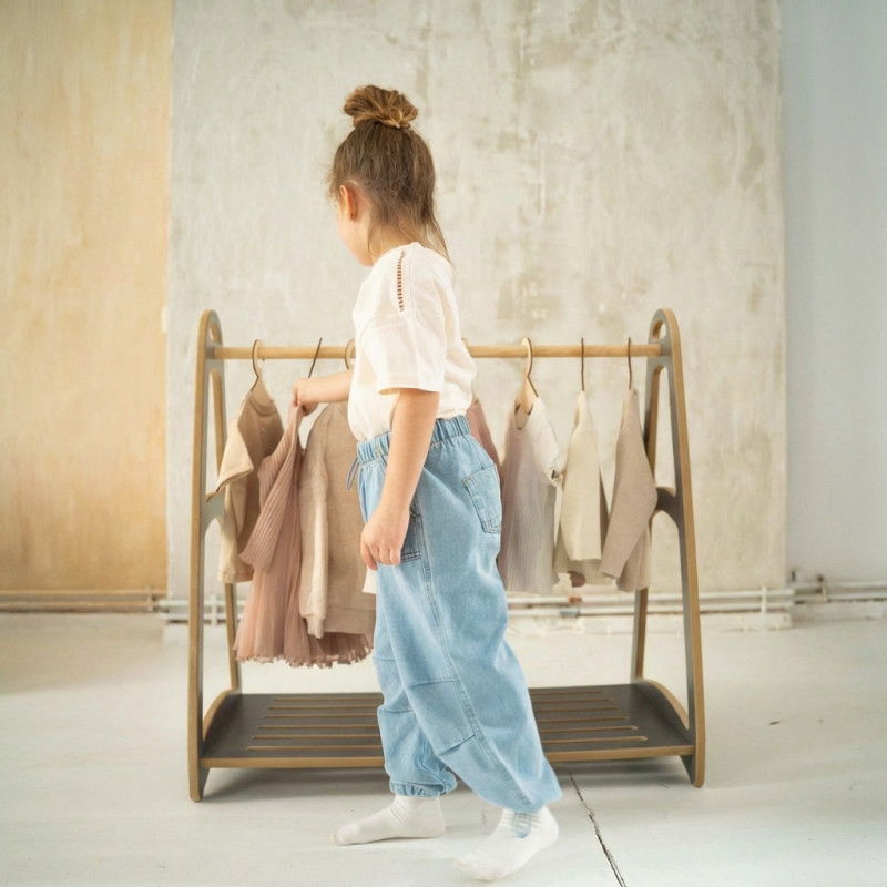 Armoire Montessori en bois avec cintres - Grise