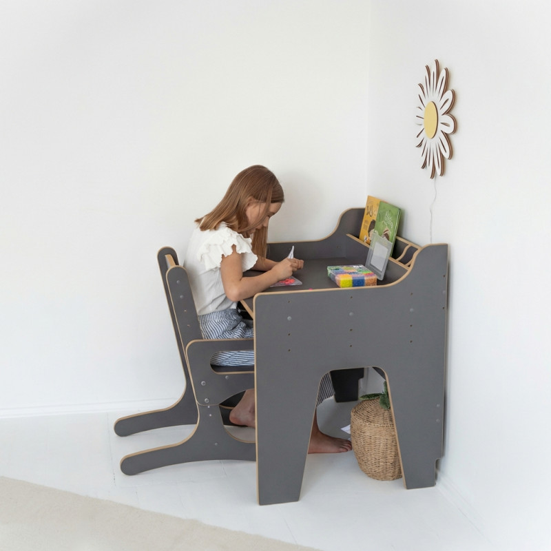 Bureau et chaise enfant Montessori réglables en bois - Gris