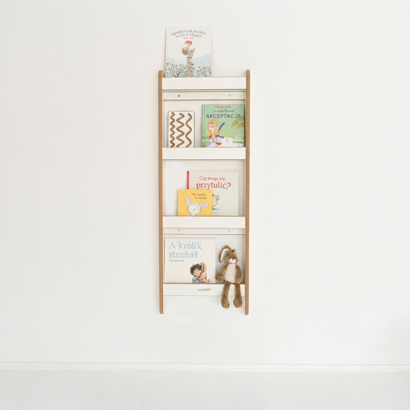 Grande étagère murale Montessori en bois pour livres - Blanche et naturelle