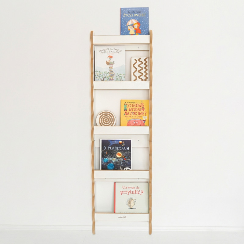 Étagère murale Montessori en bois pour livres - Blanc et naturel, grande