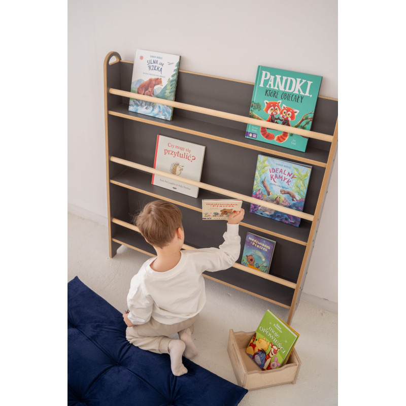 Bibliothèque murale étroite Montessori en bois – Grise