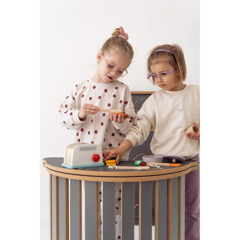 Balançoire Montessori 3-en-1 en bois avec toboggan nuages et plateau - Gris