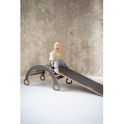 Balançoire Montessori 3-en-1 en bois avec toboggan nuages et plateau - Gris — photo 6