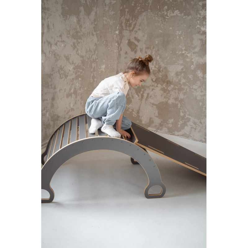 Balançoire Montessori en bois avec toboggan Chmurki - Gris XXL