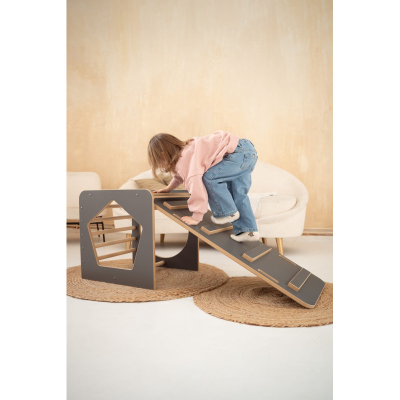 Cube Montessori multifonctionnel en bois avec toboggan - Gris