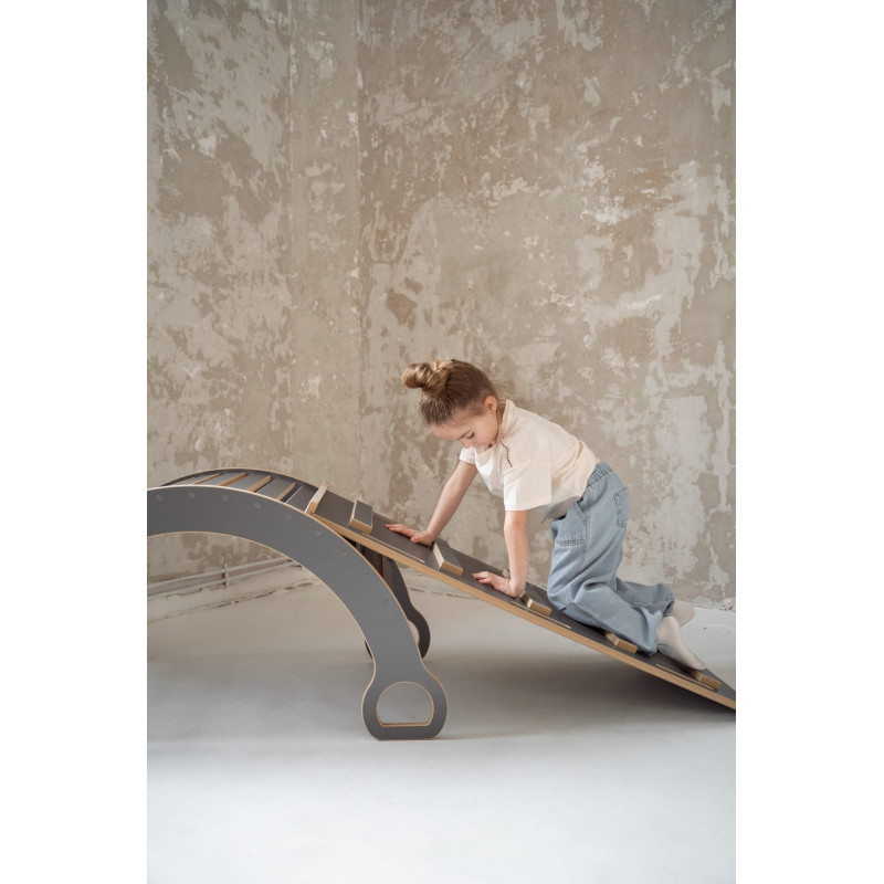 Balançoire Montessori en bois avec toboggan XXL - Grise