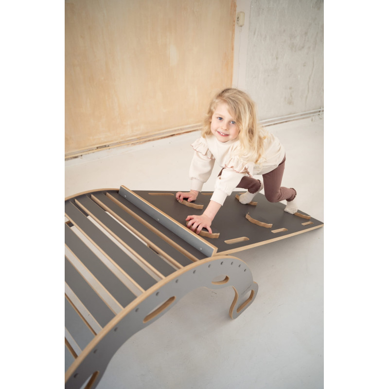 Balançoire Montessori en bois avec toboggan XXL - Gris