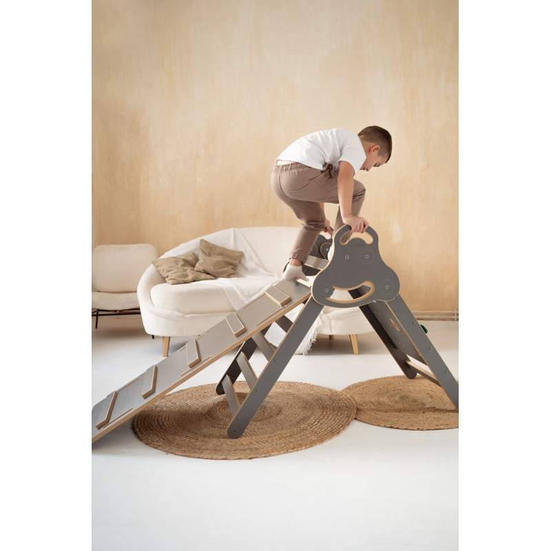 Mur d'escalade Montessori en bois avec rampe - Gris