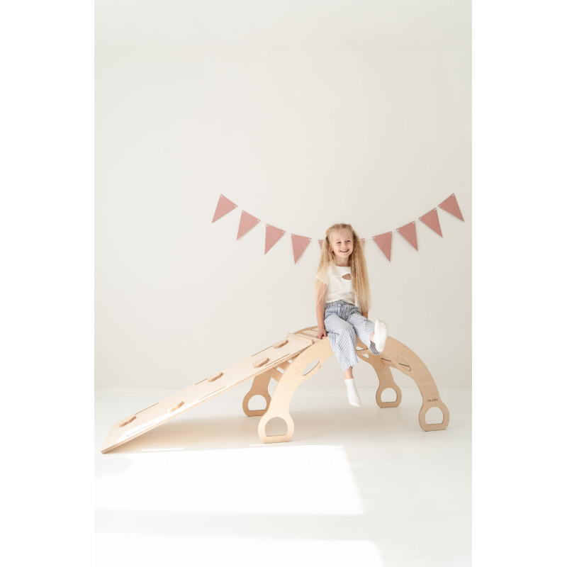 Balançoire Montessori en bois XXL avec toboggan Nuages - Naturel