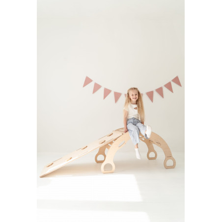 Balançoire Montessori en bois XXL avec toboggan Nuages - Naturel