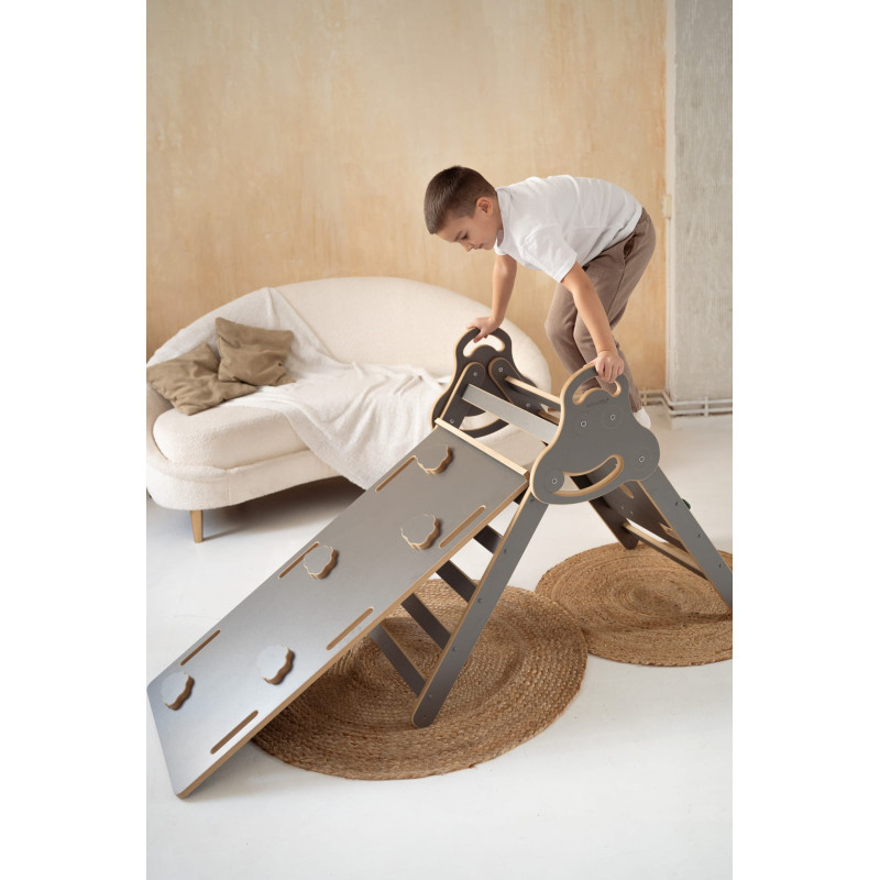 Pikler Montessori en bois avec toboggan XXL - Gris nuages