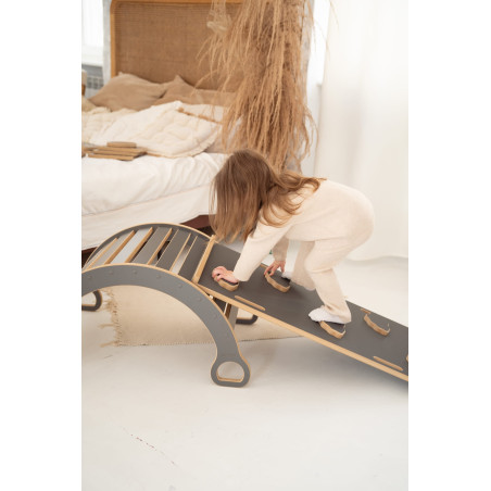 Balançoire Montessori L en bois + toboggan nuages - Grise