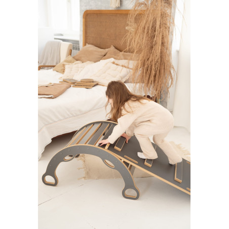 Balançoire Montessori 3-en-1 en bois avec toboggan - Grise