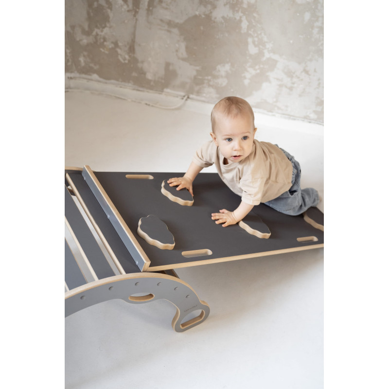 Balançoire Montessori en bois avec toboggan - Grise, taille L