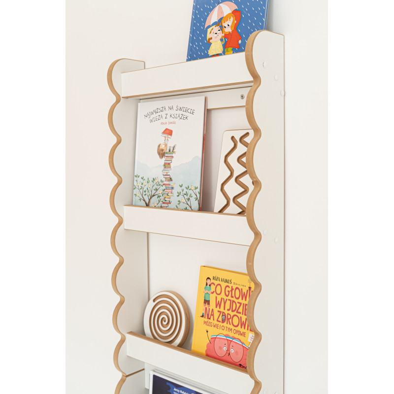 Étagère murale Montessori en bois pour livres - Blanc et naturel, grande