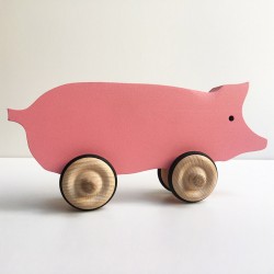 Hubert le cochon rose à roulettes - Jouet en bois - Photo 2