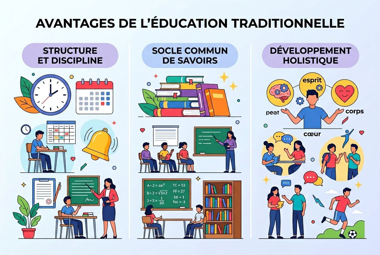 Avantages de l’éducation traditionnelle : illustration montrant structure et discipline, socle de savoirs, développement holistique et échanges scolaires.