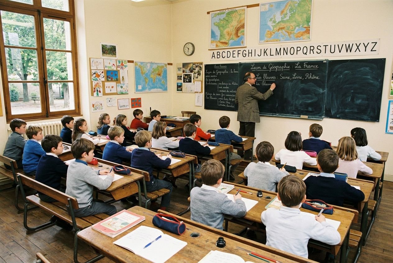 Classe traditionnelle avec un professeur au tableau, élèves assis en rangs, ambiance d’antan, rappelant l’importance de l’éducation traditionnelle.