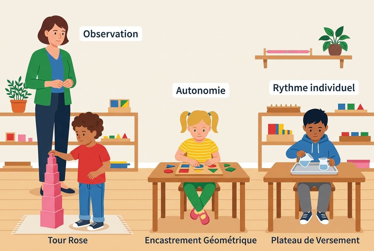Description d’une salle Montessori: une enseignante observe des enfants à des tables de travail: tour rose en blocs, puzzle géométrique et plateau de versement, avec des mots observation, autonomie et rythme individuel. Pourquoi montessori est cher.
