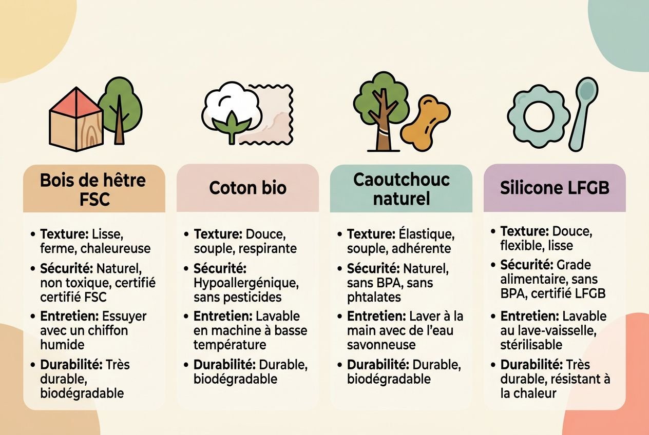 Différentes étiquettes de jouets montessori 0-3 mois: Bois de hêtre FSC, Coton bio, Caoutchouc naturel et Silicone LFGB, avec leurs textures et conseils d’entretien.