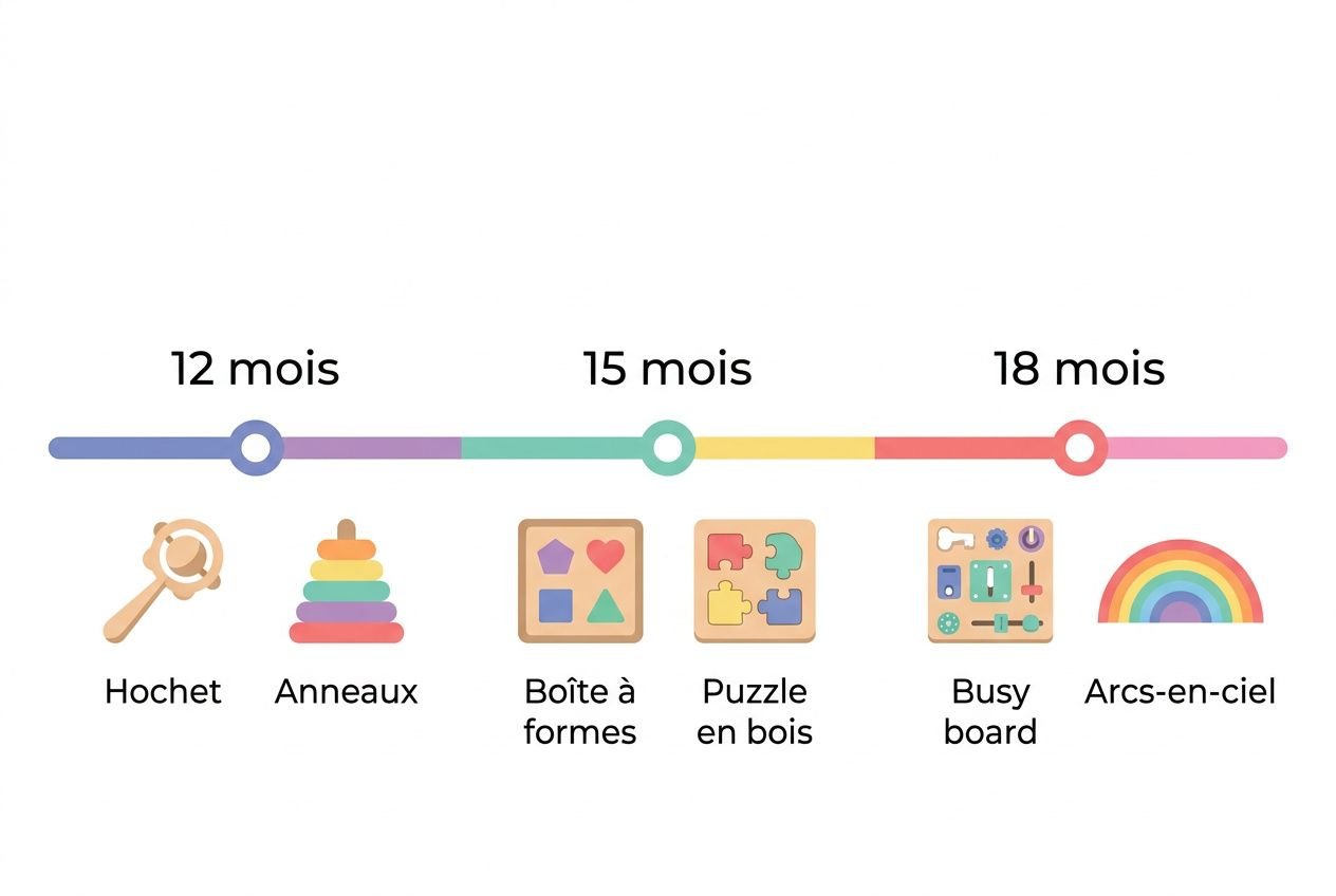 Etiquette visuelle montrant l’échelle d’âge 12 mois à 18 mois avec des jouets montessori 12 18 mois: hochet, anneaux, boîte à formes, puzzle en bois, busy board et arc-en-ciel.