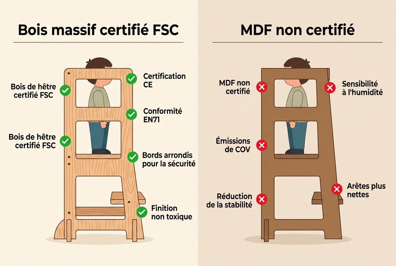 Hauteur des tours d'observation : comparez les modèles Montessori selon l'âge et la taille de l'enfant. Tour en bois FSC et tour MDF non certifiée montrées avec étiquettes et points.