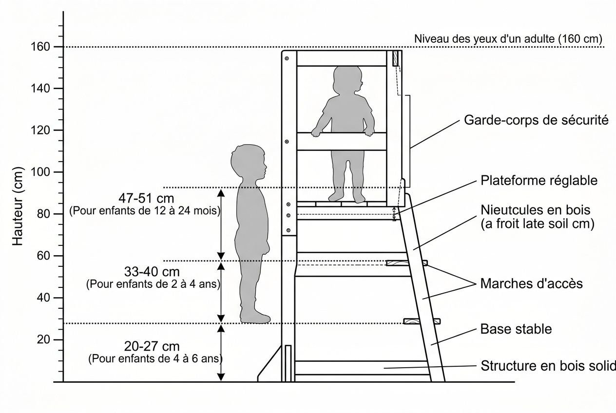 Hauteur des tours d'observation : schéma montrant une tour Montessori avec niveaux ajustables et échelle, enfants debout à différentes hauteurs, indications 20–27 cm, 33–40 cm et 47–51 cm selon l’âge.