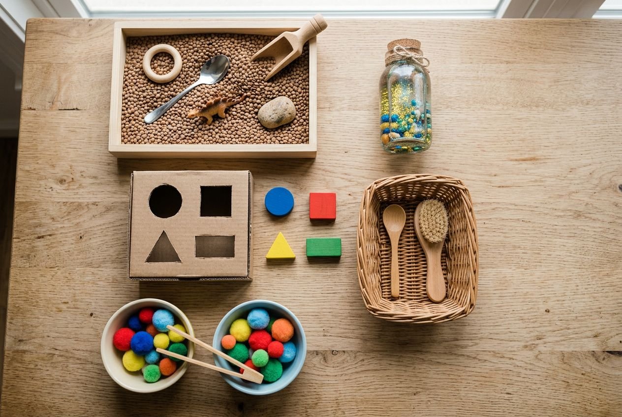 Jeu Montessori 1 an à fabriquer: matériel sensoriel et découpage de formes en bois, bols colorés et outils bois sur table.