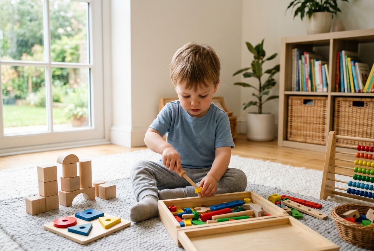 Jeune enfant jouant avec des jeux Montessori 2 3 ans: activité de tri et assemblage sur un tapis, avec pièces colorées et blocs en bois dans une salle lumineuse.