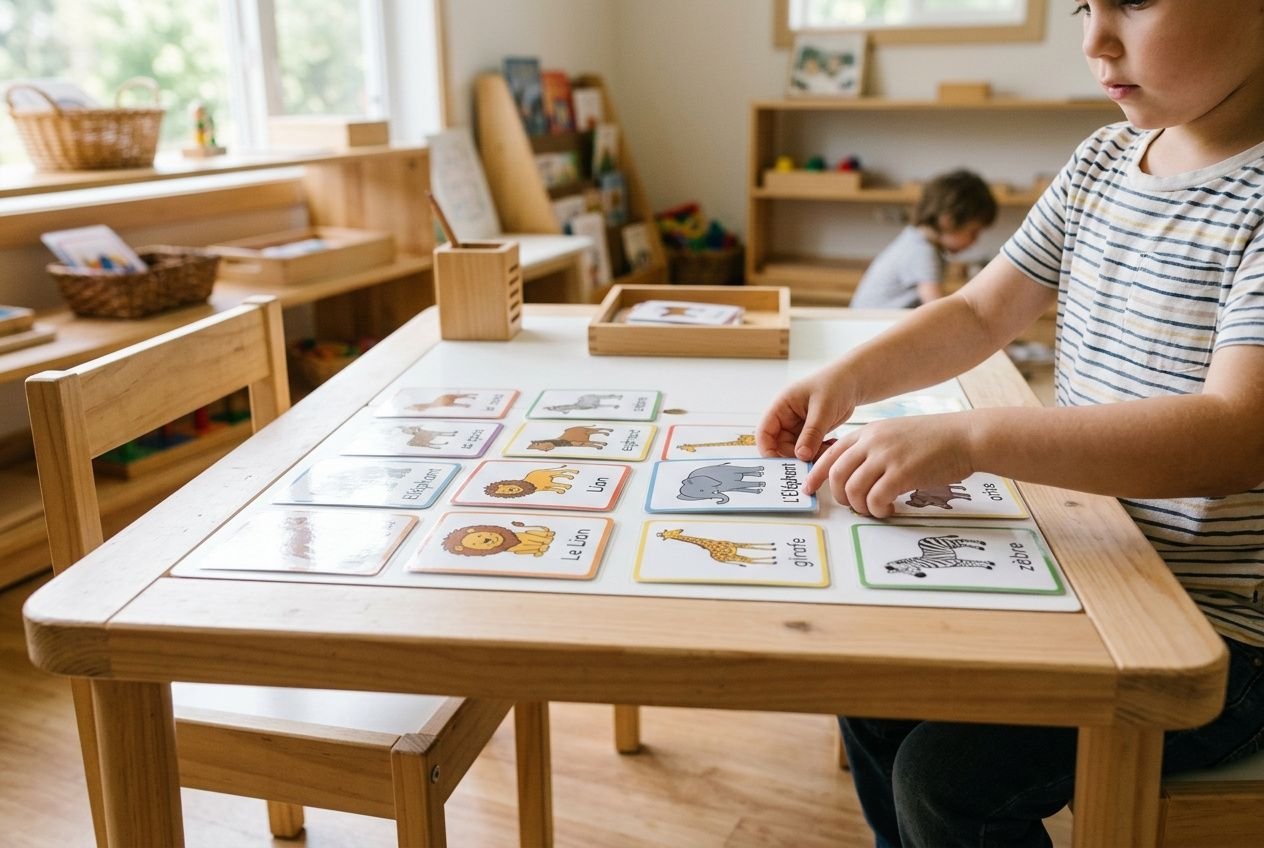 Jeune enfant manipulant des cartes d’images sur une table en bois, dans une salle de classe Montessori, avec jeu de reconnaissance. incluant le mot-clé fichier montessori de manière naturelle.