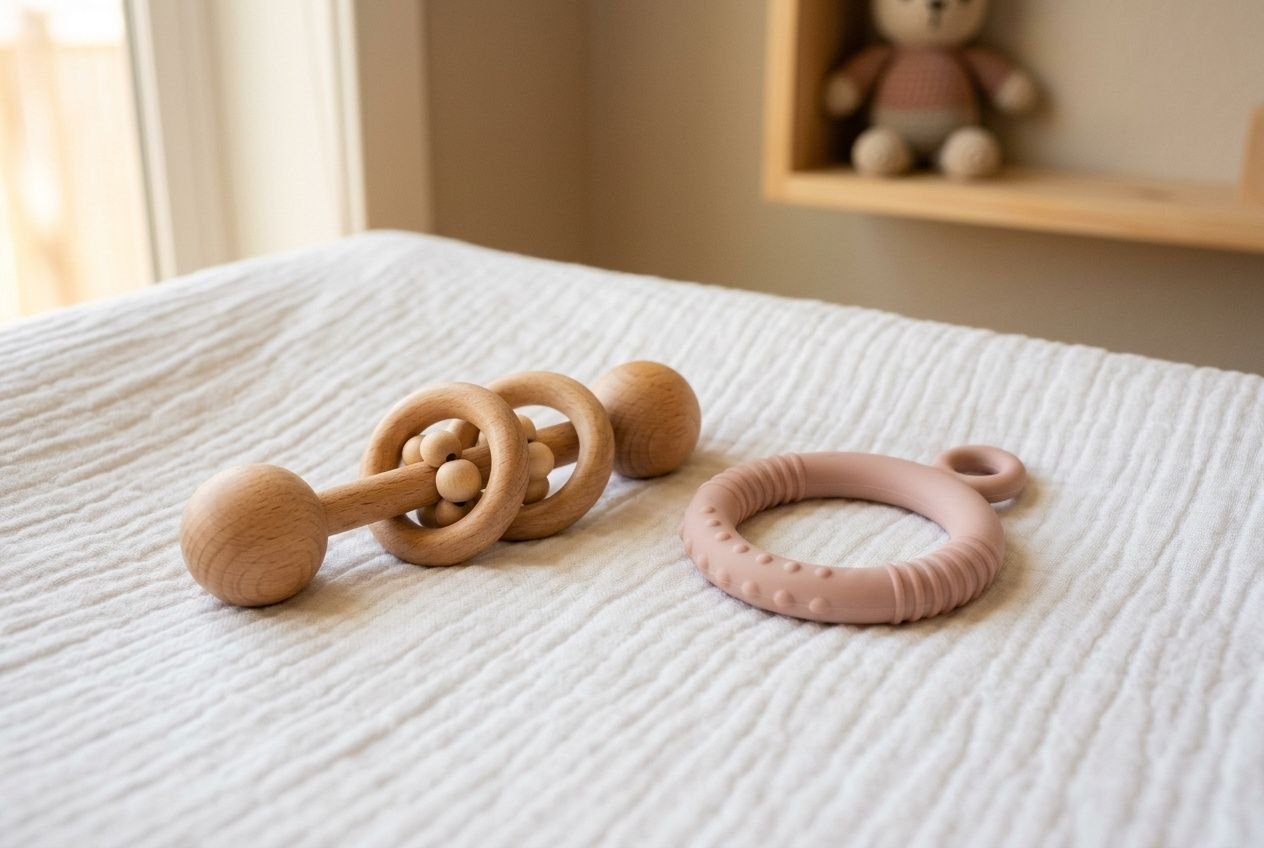 Jouets d'éveil pour bébé de 3 mois: hochet et anneau de dentition en bois posés sur une couverture, ambiance douceur.